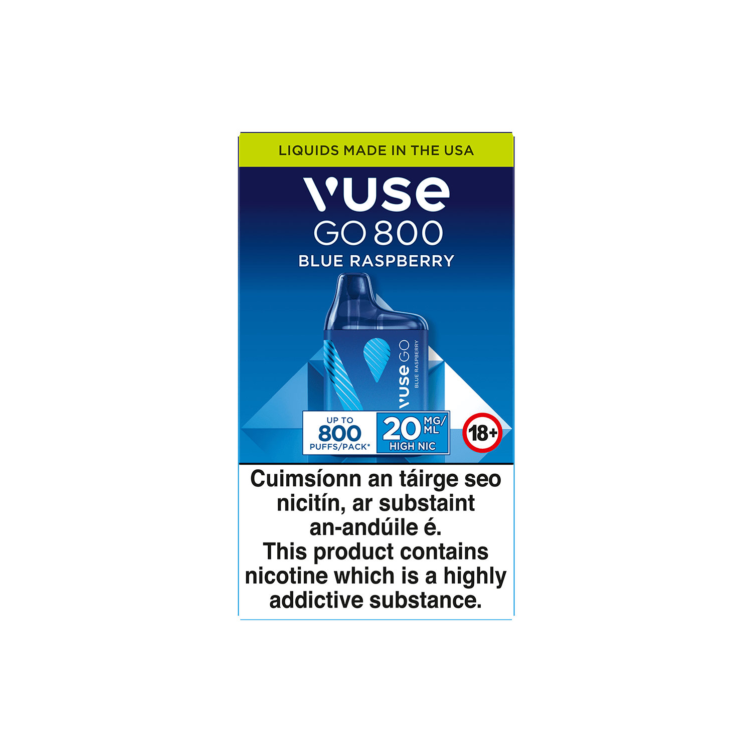 A Vuse Go 800 Blue Raspberry disposable vape package