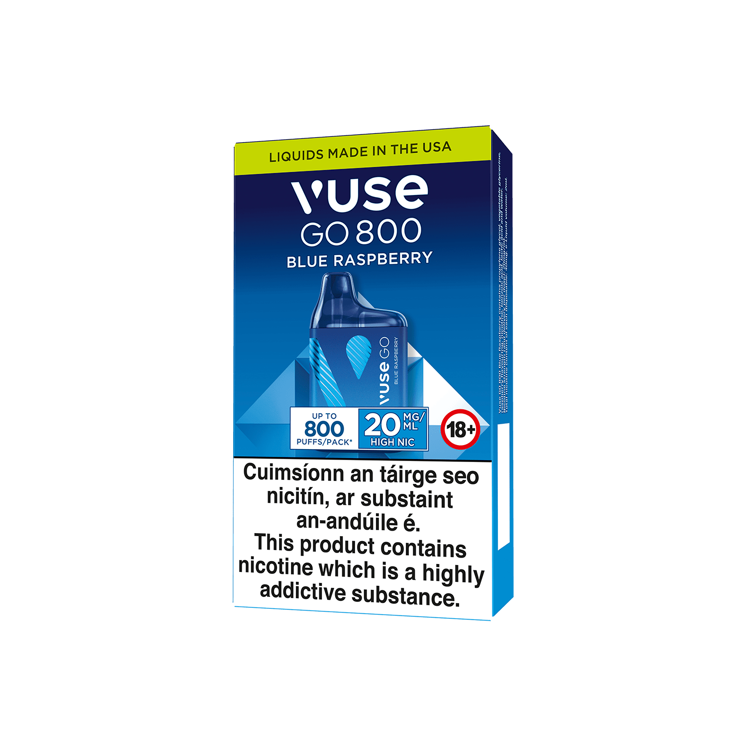 A Vuse Go 800 Blue Raspberry disposable vape package