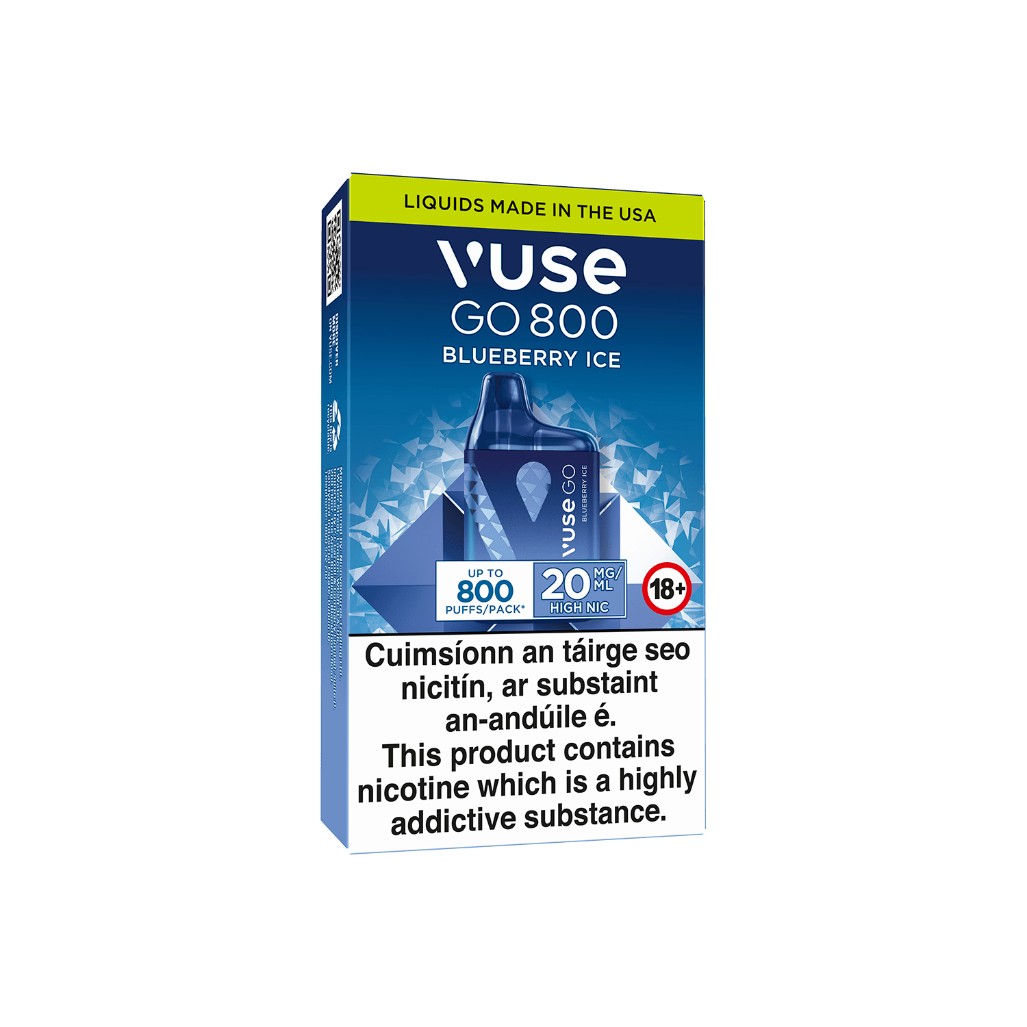 A Vuse Go 800 Blueberry Ice disposable vape package