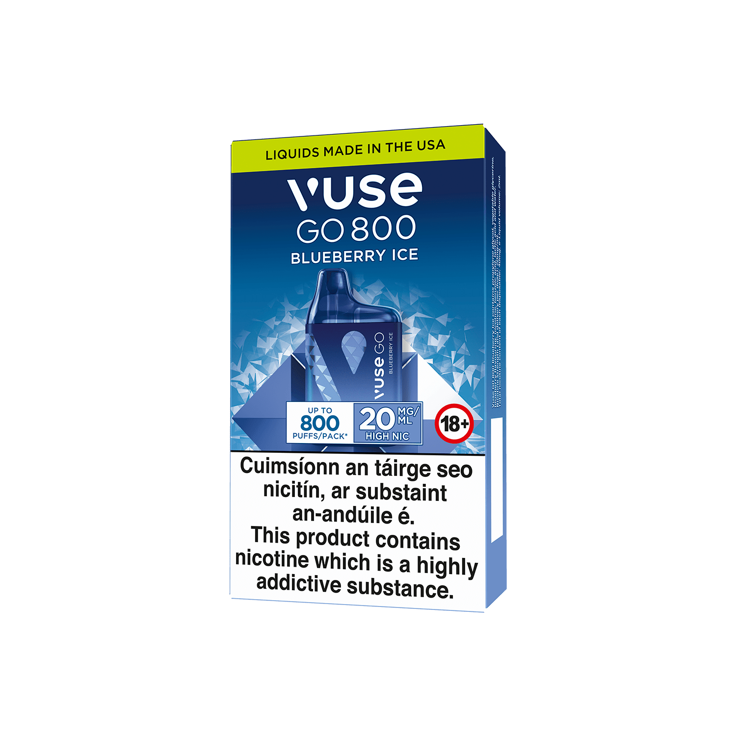 A Vuse Go 800 Blueberry Ice disposable vape package